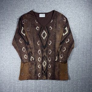 Vintage Cactus Bay Top Aztec Bedazzled Western Brown Women’s L 3/4 Sleeve Y2K